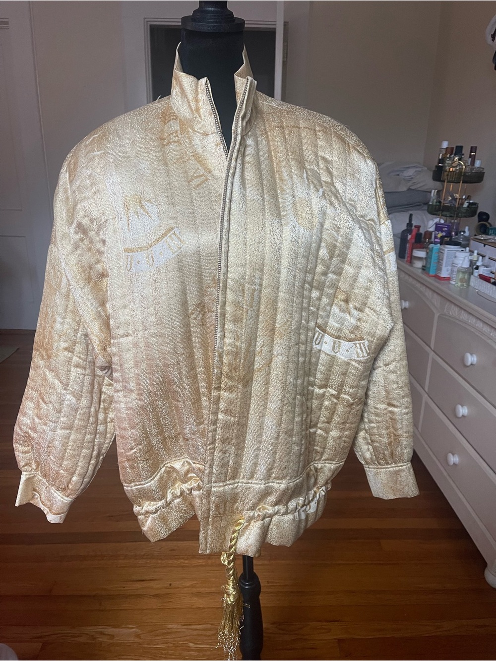 Ellen Tracy Metallic Gold Quilted Bomber Jacket with Tassel